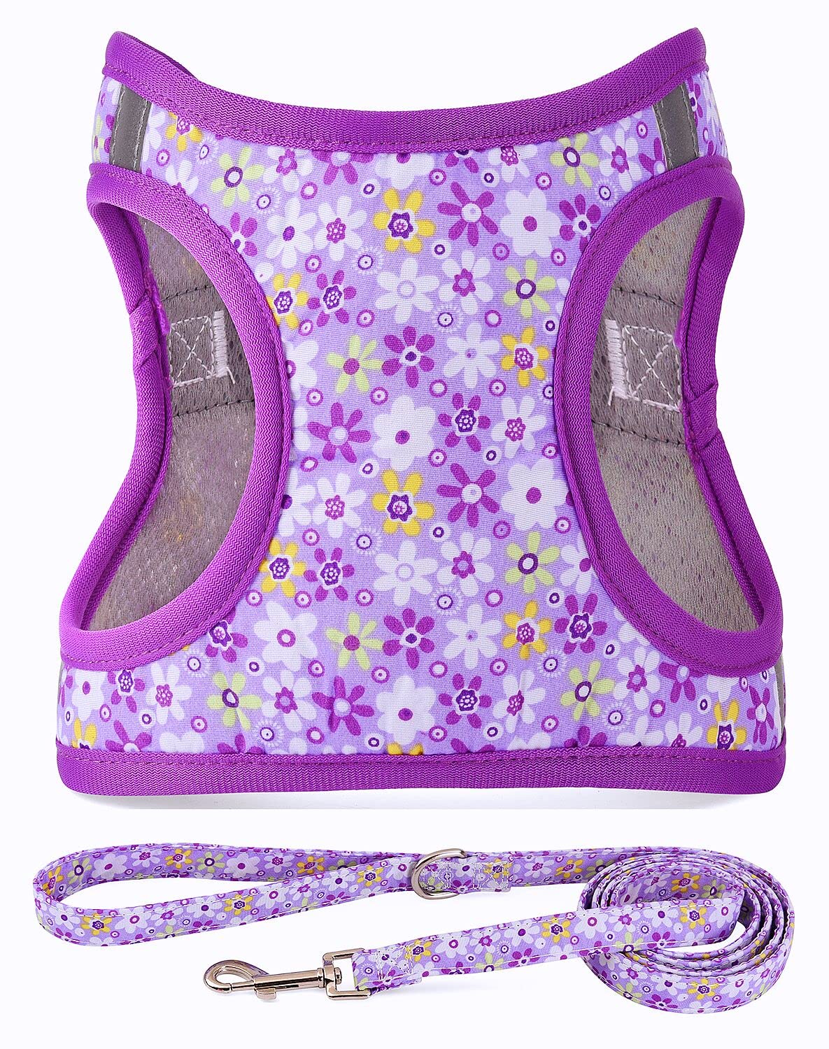 MOONPET Purple Flower Step-In Harness & Leash Set - No Pull, Reflective, Size M (Neck 16.5-21.2 inches)