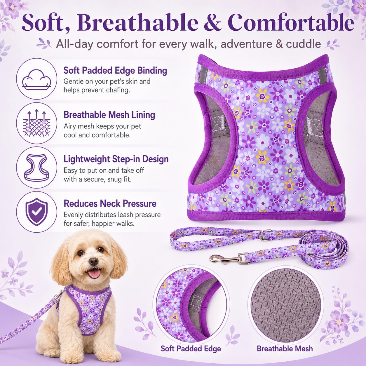 MOONPET Purple Flower Step-In Harness & Leash Set - No Pull, Reflective, Size M (Neck 16.5-21.2 inches)