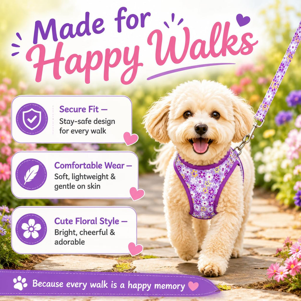 MOONPET Purple Flower Step-In Harness & Leash Set - No Pull, Reflective, Size M (Neck 16.5-21.2 inches)