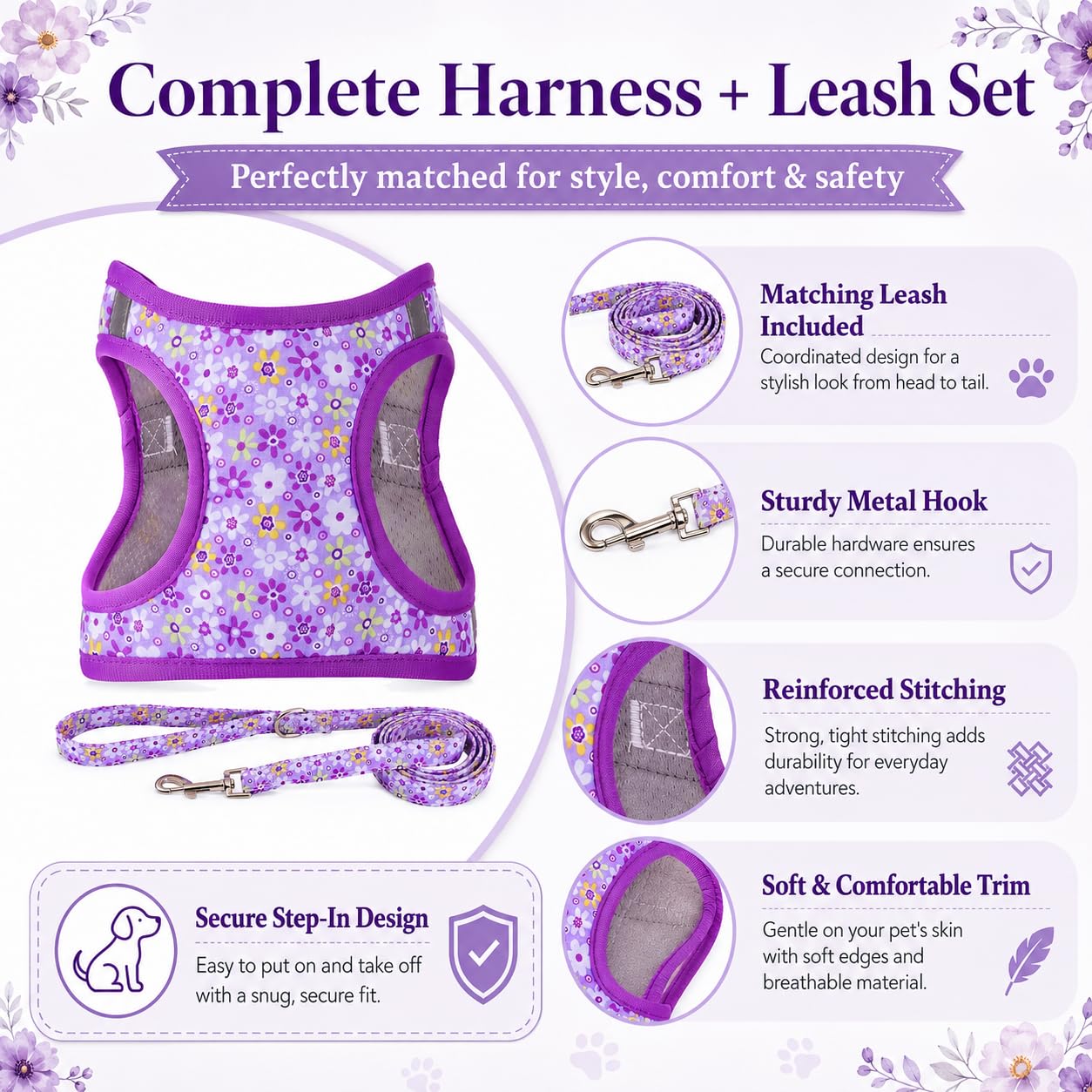 MOONPET Purple Flower Step-In Harness & Leash Set - No Pull, Reflective, Size M (Neck 16.5-21.2 inches)
