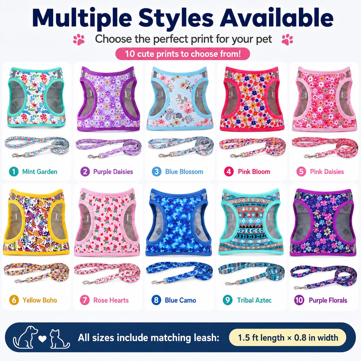 MOONPET Purple Flower Step-In Harness & Leash Set - No Pull, Reflective, Size M (Neck 16.5-21.2 inches)