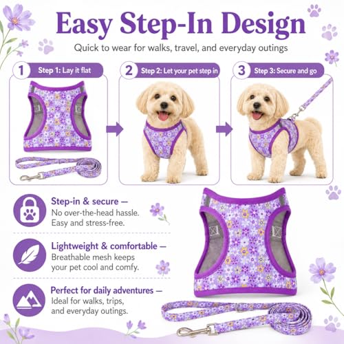 MOONPET Purple Flower Step-In Harness & Leash Set - No Pull, Reflective, Size M (Neck 16.5-21.2 inches)
