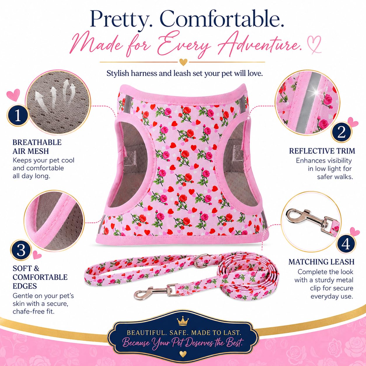 MOONPET Step-in Dog Harness and Leash Set - Heart Rose Floral Pattern - Size S - Reflective No-Pull Vest for Small Dogs