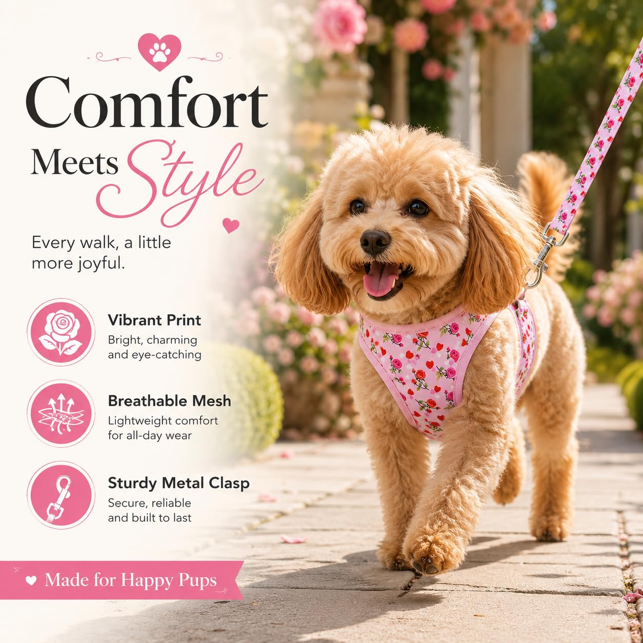 MOONPET Step-in Dog Harness and Leash Set - Heart Rose Floral Pattern - Size S - Reflective No-Pull Vest for Small Dogs