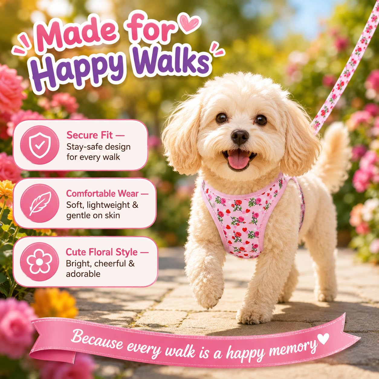 MOONPET Step-in Dog Harness and Leash Set - Heart Rose Floral Pattern - Size S - Reflective No-Pull Vest for Small Dogs
