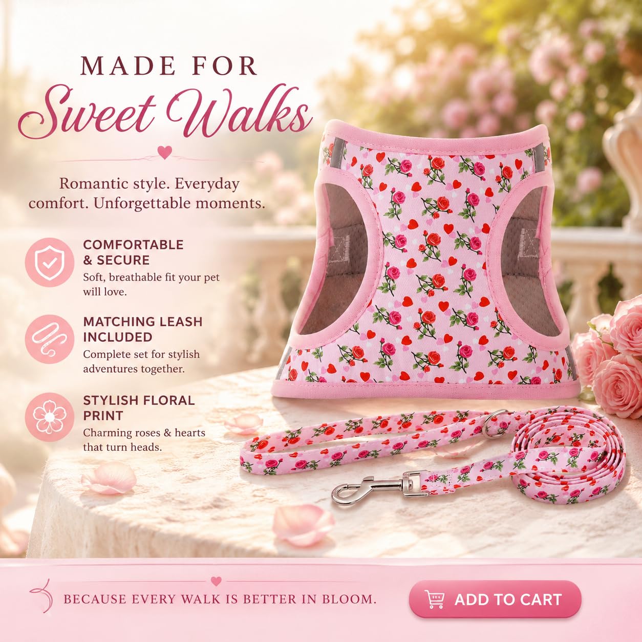 MOONPET Step-in Dog Harness and Leash Set - Heart Rose Floral Pattern - Size S - Reflective No-Pull Vest for Small Dogs