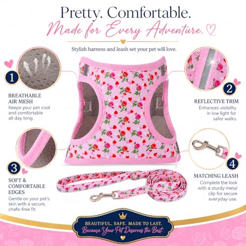 MOONPET Step-in Dog Harness and Leash Set - Heart Rose Floral Pattern - Size S - Reflective No-Pull Vest for Small Dogs