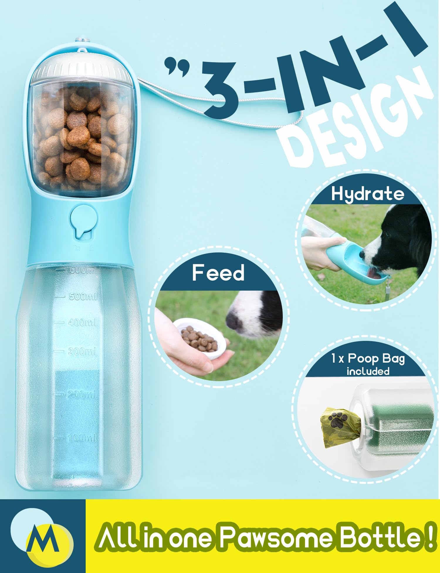 MoonyMars 20oz Portable Dog Water Bottle with Treat Container and Poop Bag Dispenser - Darkblue
