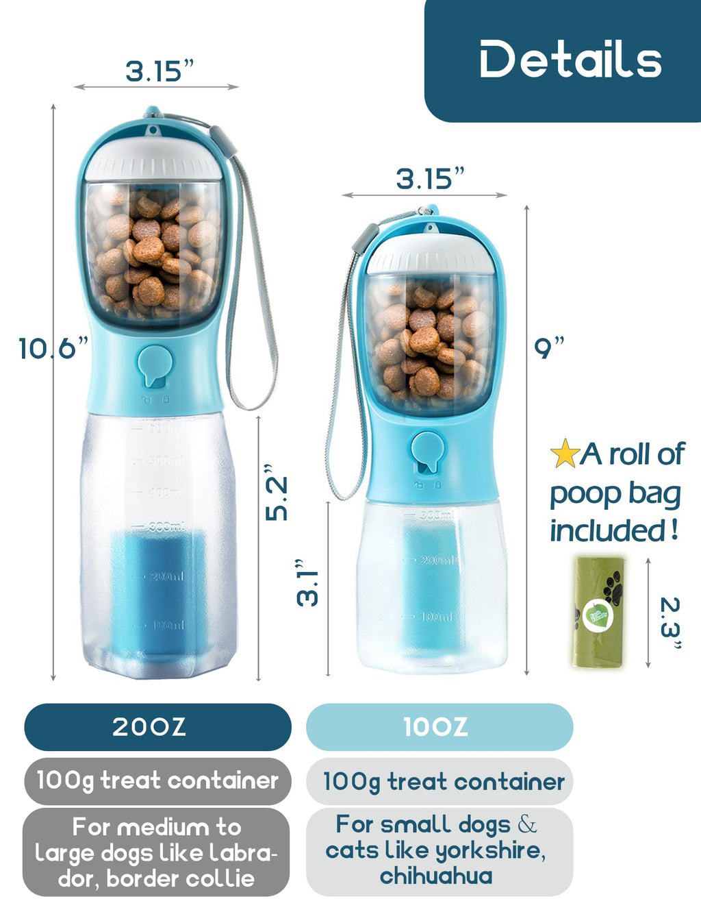 MoonyMars 20oz Portable Dog Water Bottle with Treat Container and Poop Bag Dispenser - Darkblue
