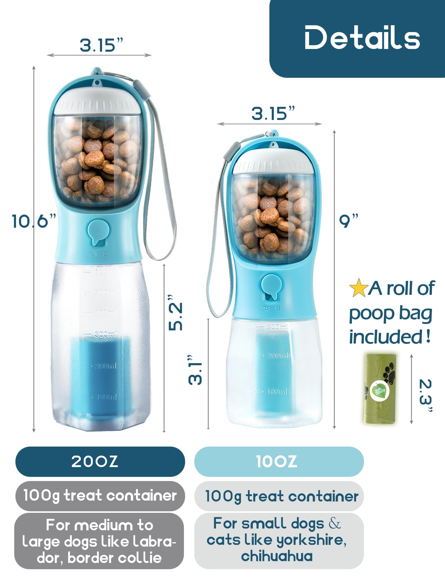 MoonyMars 20oz Portable Dog Water Bottle with Treat Container and Poop Bag Dispenser - Darkblue