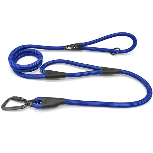 MORXIL 6-Foot Two-Handle Rope Dog Leash – Heavy Duty with Auto-Locking Carabiner, Blue