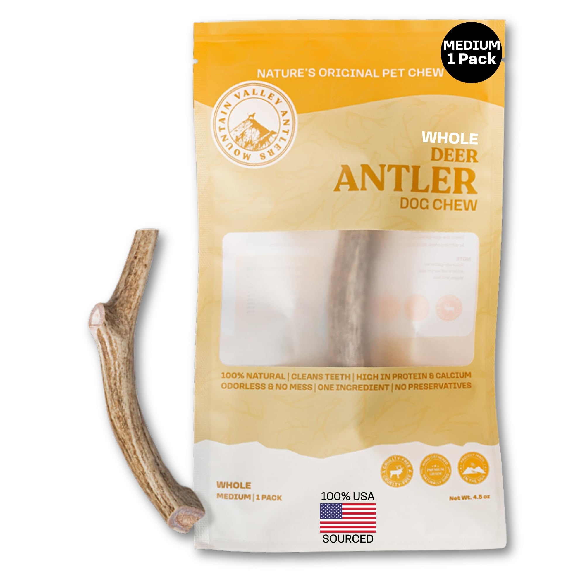 Mountain Valley Deer Antlers for Dogs – 100% Natural, Odor-Free, Long-Lasting Chew for Aggressive Chewers, Medium (1 Pack)