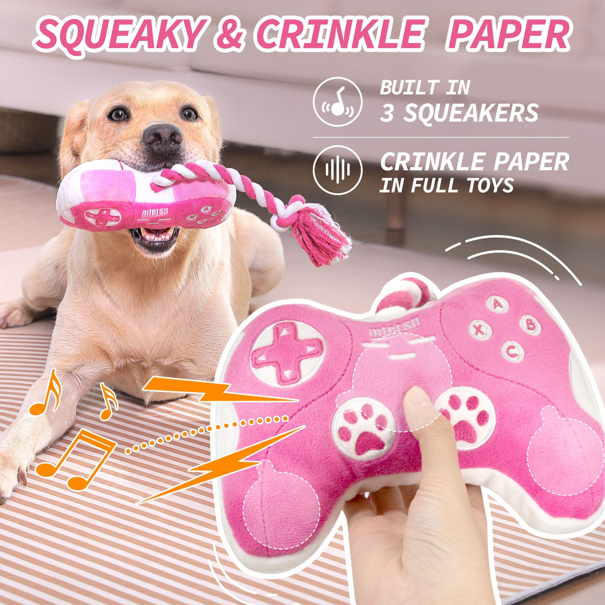 MTERSN Pink Game Controller Dog Toy with Squeakers and Crinkle Paper - Interactive Plush for Puppies and Small to Medium Dogs