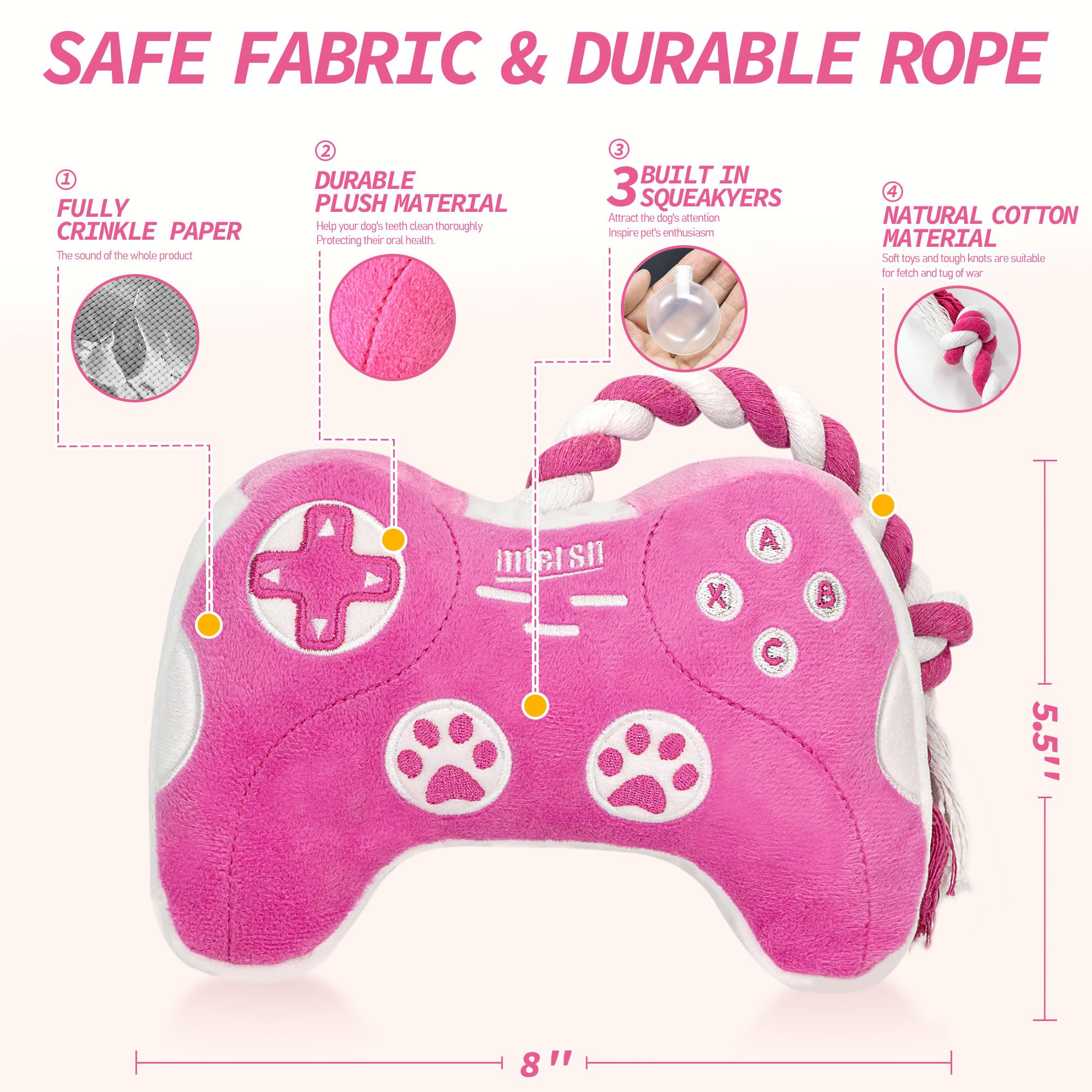 MTERSN Pink Game Controller Dog Toy with Squeakers and Crinkle Paper - Interactive Plush for Puppies and Small to Medium Dogs