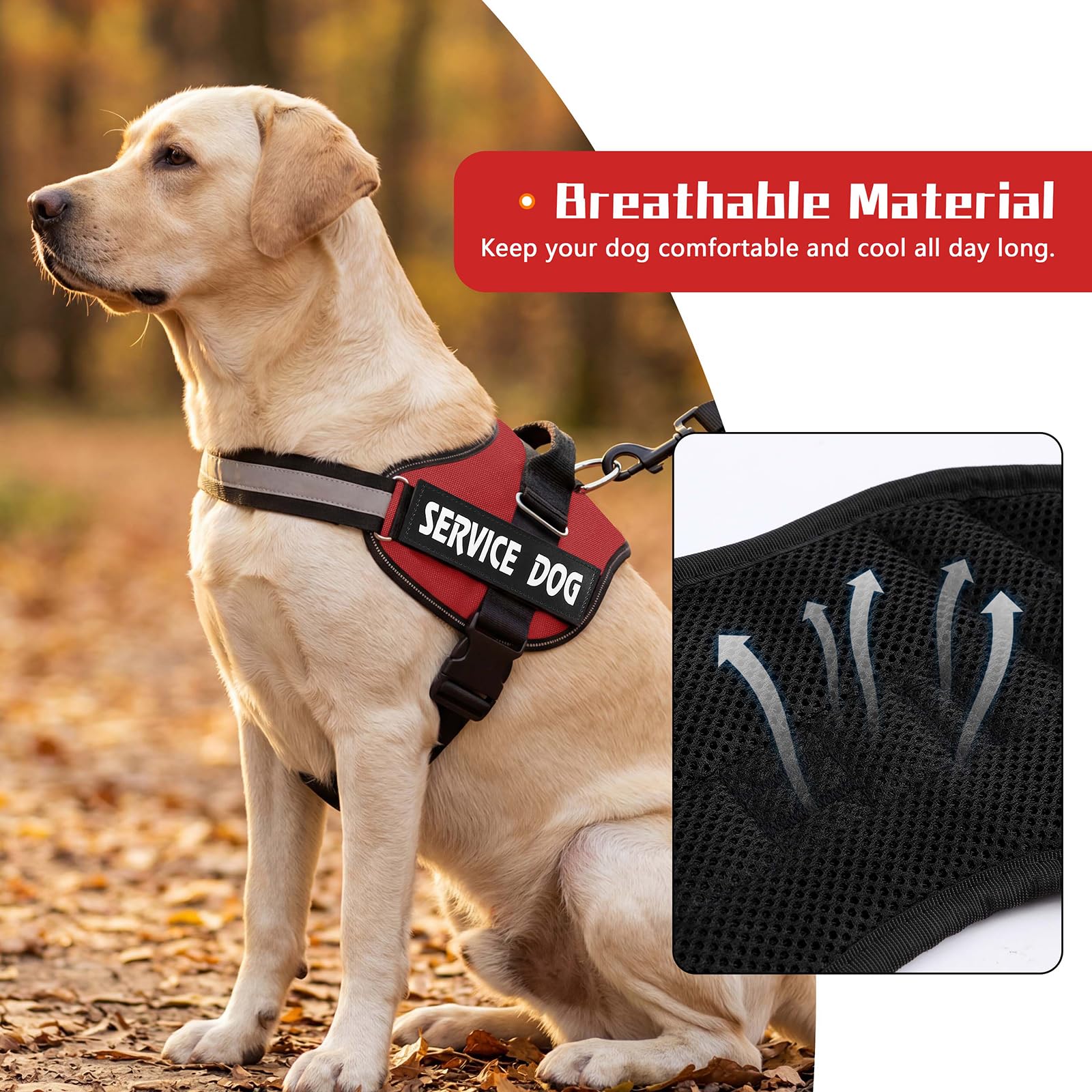 MUMUPET Service Dog Vest Harness - No Pull, Reflective, Adjustable with Handle, Soft Padding, 2 Patches (Red, Large)