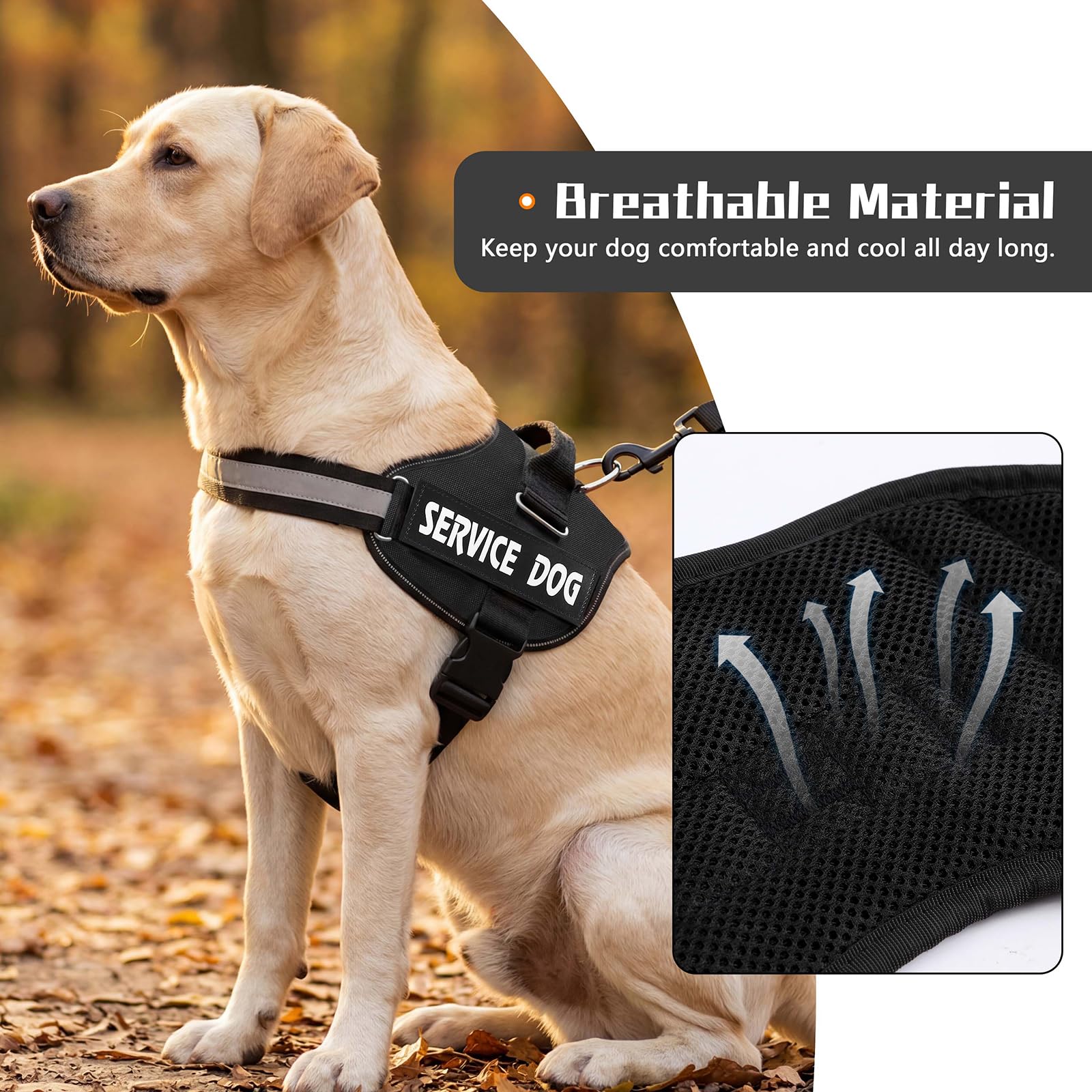 MUMUPET Service Dog Vest Harness for Large Dogs - No Pull, Reflective, with Handle and Two Patches (Black)