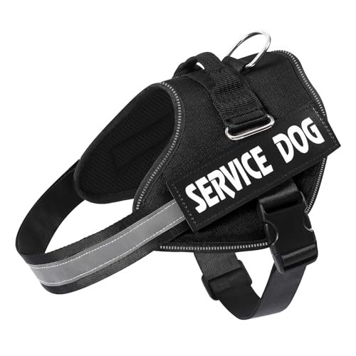 MUMUPET Service Dog Vest Harness for Large Dogs - No Pull, Reflective, with Handle and Two Patches (Black)
