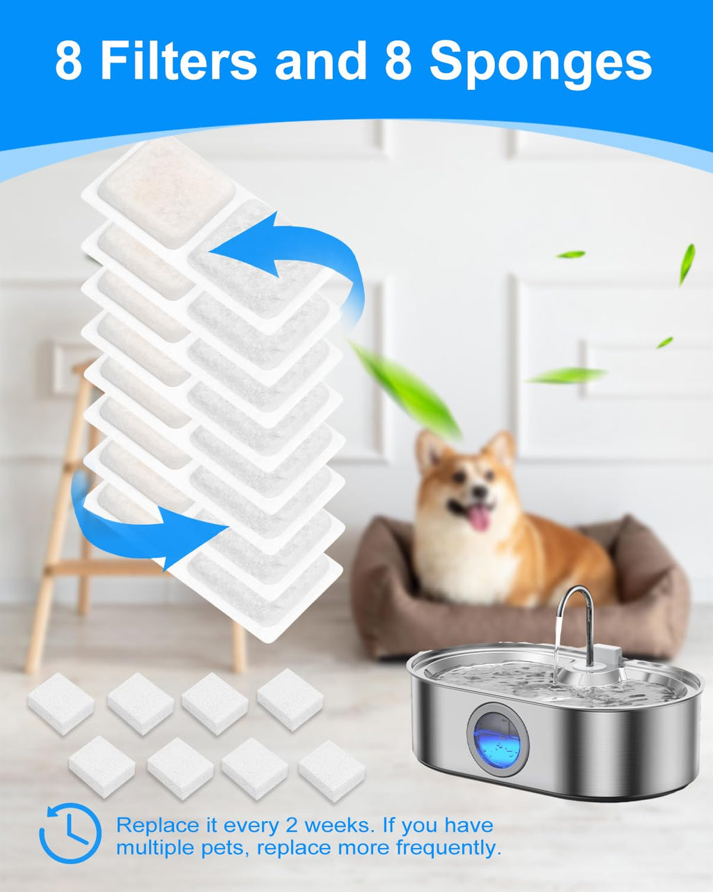 MyfatBOSS 8+8 Pack Dog Water Fountain Filter Replacement for 3.4Gal/13L Pet Fountains – Carbon and Sponge Filters