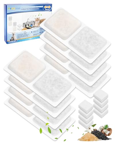 MyfatBOSS 8+8 Pack Dog Water Fountain Filter Replacement for 3.4Gal/13L Pet Fountains – Carbon and Sponge Filters