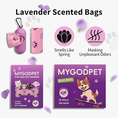 MYGODPET 300 Count Lavender Scented Biodegradable Dog Poop Bags Rolls - EPI Degradable Leak Proof Waste Bags for Dogs and Cats, 9x13 Inch