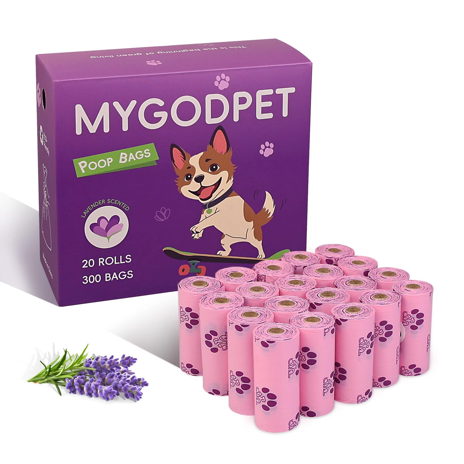 MYGODPET 300 Count Lavender Scented Biodegradable Dog Poop Bags Rolls - EPI Degradable Leak Proof Waste Bags for Dogs and Cats, 9x13 Inch