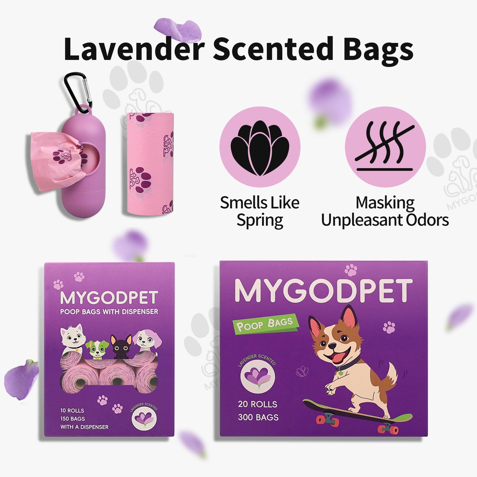 MYGODPET 300 Count Lavender Scented Biodegradable Dog Poop Bags Rolls - EPI Degradable Leak Proof Waste Bags for Dogs and Cats, 9x13 Inch