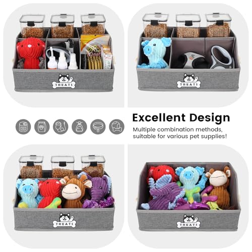 Nage-Bay Gray Dog Treat Container Basket with Removable Dividers, Foldable Pet Toy Box for Countertop, 15.8x11x7.1 Inches