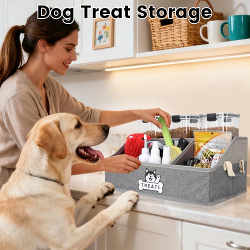 Nage-Bay Gray Dog Treat Container Basket with Removable Dividers, Foldable Pet Toy Box for Countertop, 15.8x11x7.1 Inches