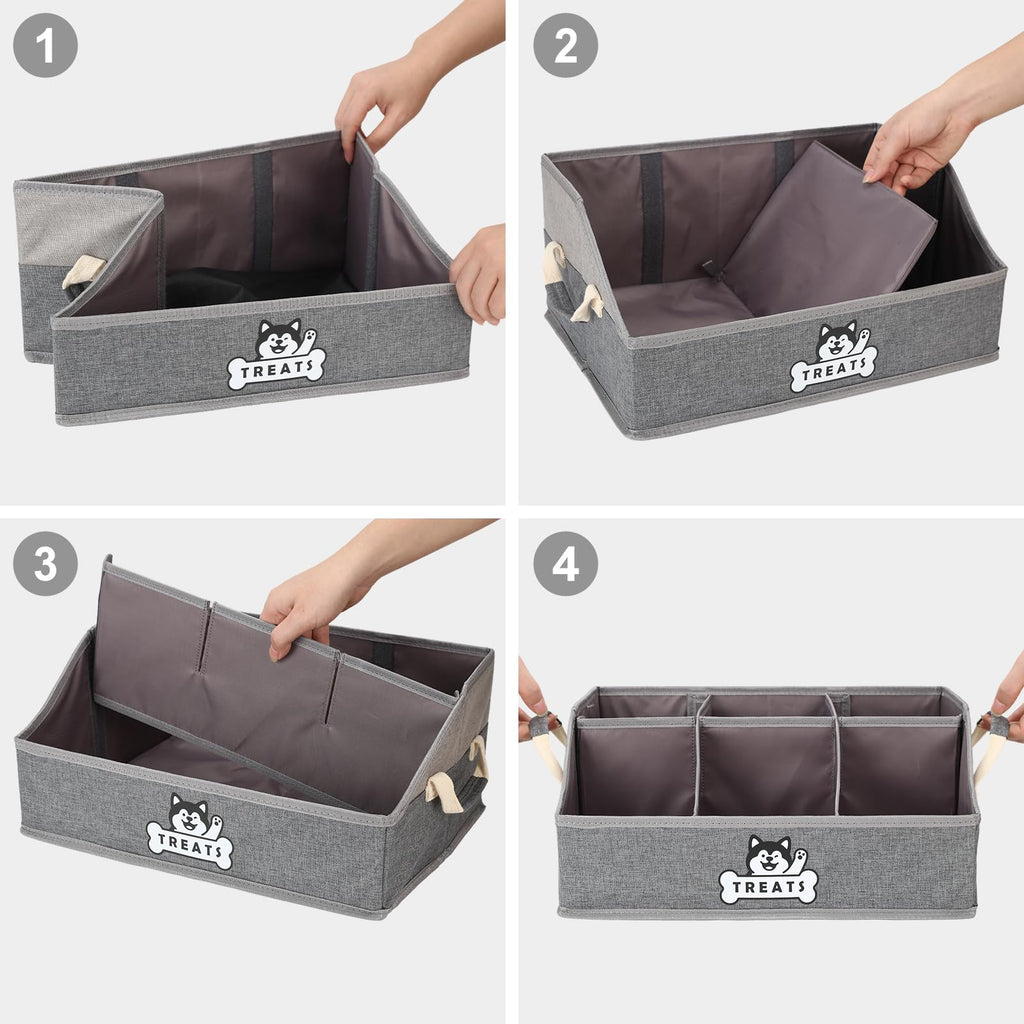 Nage-Bay Gray Dog Treat Container Basket with Removable Dividers, Foldable Pet Toy Box for Countertop, 15.8x11x7.1 Inches