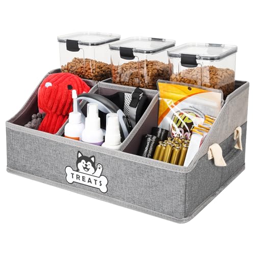 Nage-Bay Gray Dog Treat Container Basket with Removable Dividers, Foldable Pet Toy Box for Countertop, 15.8x11x7.1 Inches