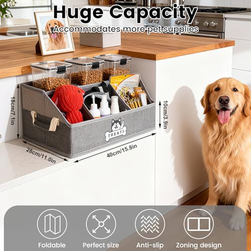 Nage-Bay Gray Dog Treat Container Basket with Removable Dividers, Foldable Pet Toy Box for Countertop, 15.8x11x7.1 Inches
