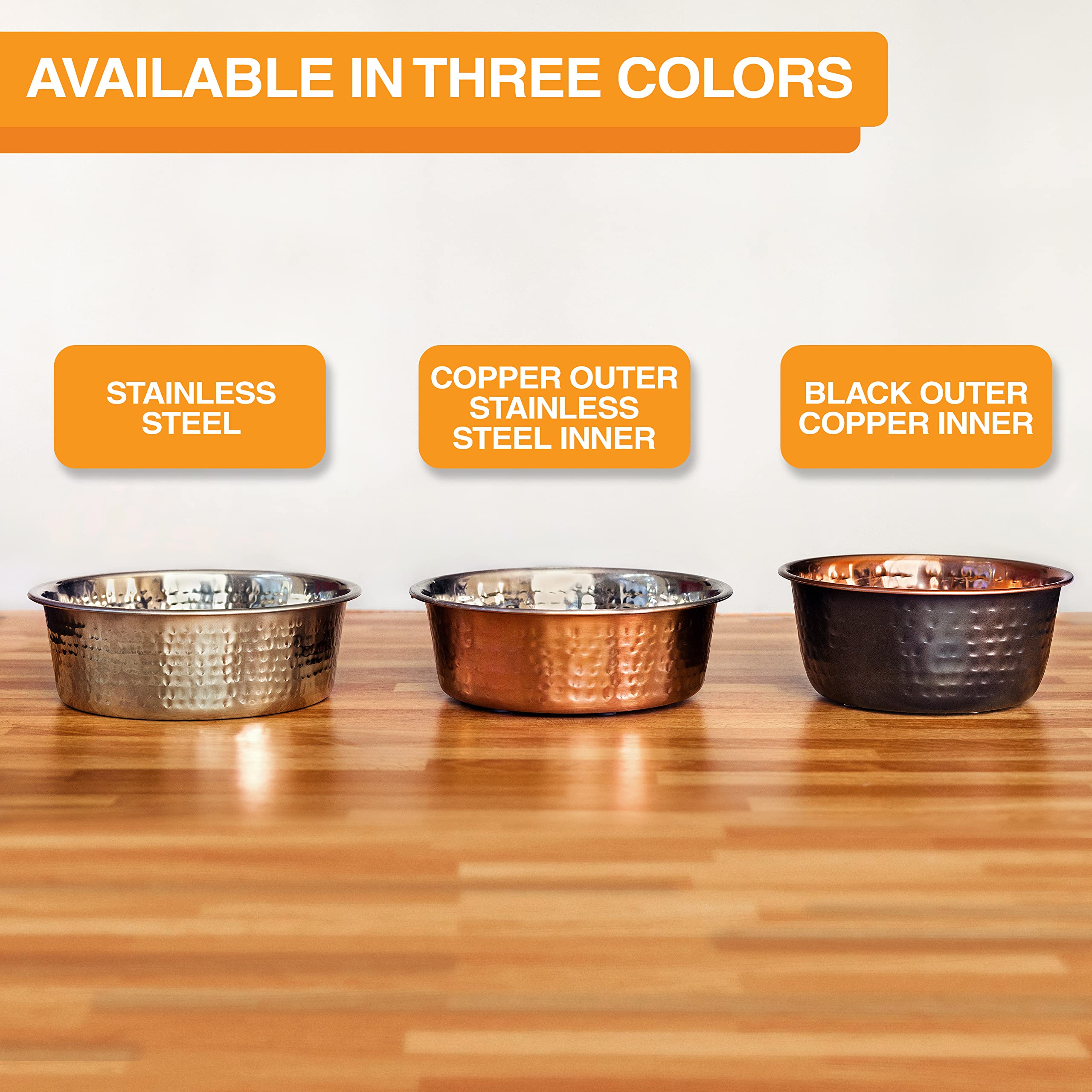 Neater Pet Brands Hammered Copper Large Dog Bowl – Stainless Steel, Non-Skid, 64 oz