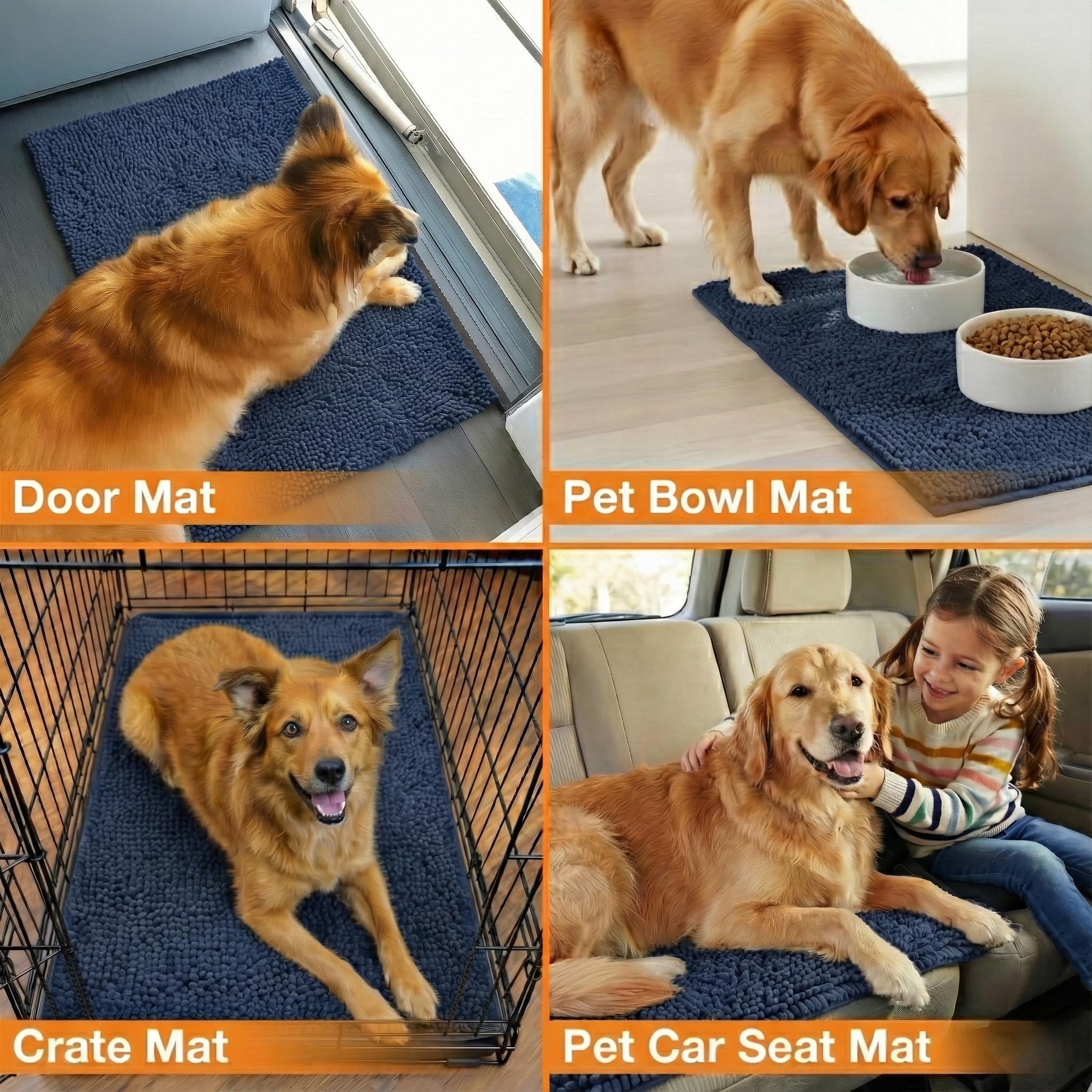 Neater Pets Muddy Paws Dog Door Mat 36x24 – Absorbent Chenille, Quick-Dry, Non-Slip, Machine Washable, Navy