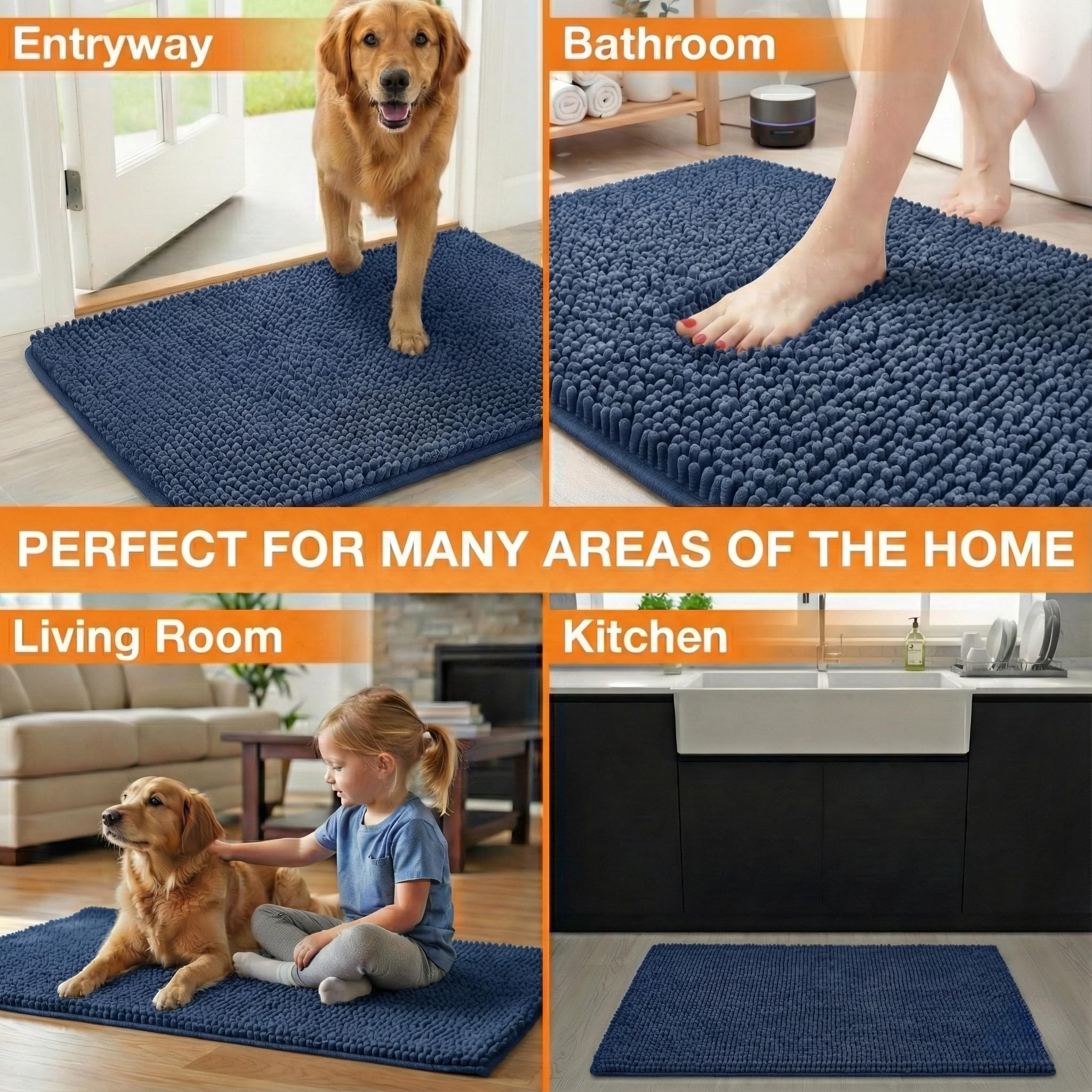Neater Pets Muddy Paws Dog Door Mat 36x24 – Absorbent Chenille, Quick-Dry, Non-Slip, Machine Washable, Navy