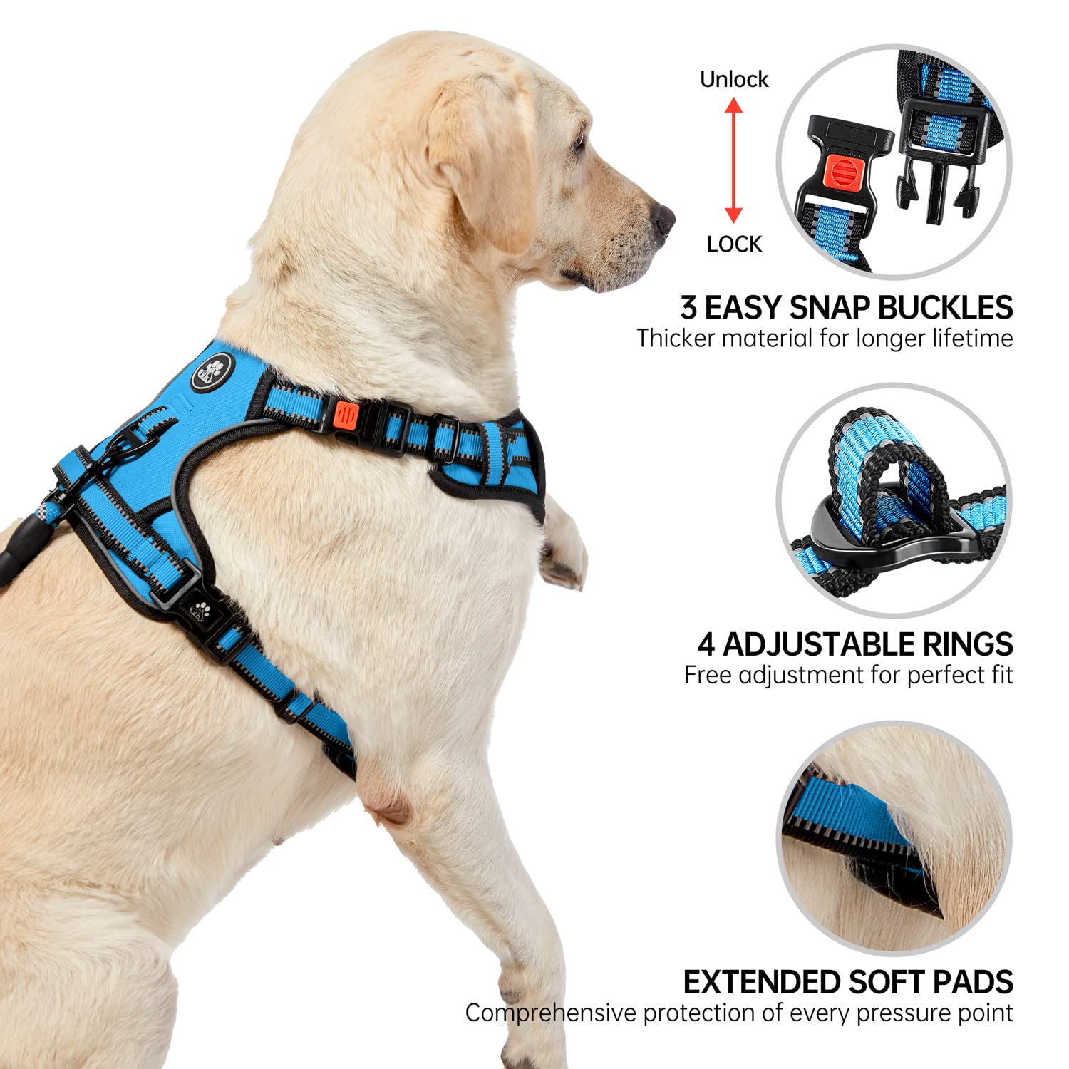 NESTROAD Adjustable No Pull Dog Harness - Medium Blue Oxford Vest with Leash, Reflective Strip, and Handle