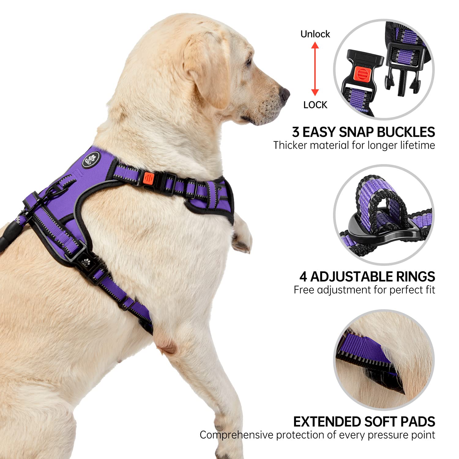 NESTROAD Small Dog Harness No Pull - Purple Vest with Leash and Reflective Strips