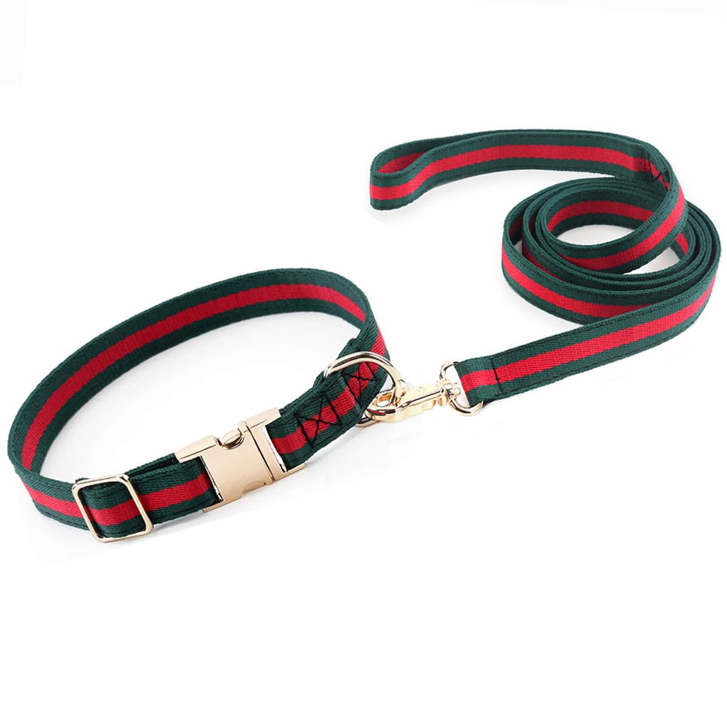 NISIYE Large Dog Collar and Leash Set – Cotton Striped with Metal Buckle, Green/Red, for Big Dogs