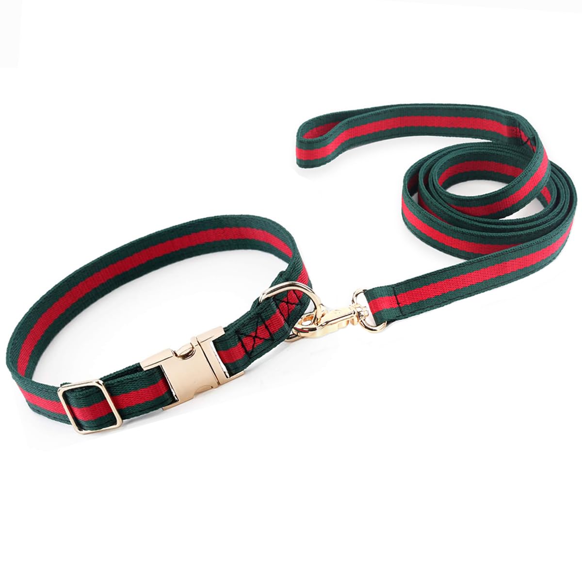 NISIYE Large Dog Collar and Leash Set – Cotton Striped with Metal Buckle, Green/Red, for Big Dogs