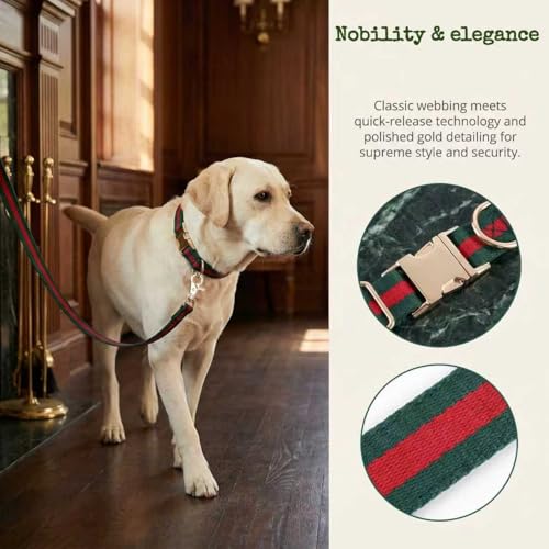 NISIYE Large Dog Collar and Leash Set – Cotton Striped with Metal Buckle, Green/Red, for Big Dogs