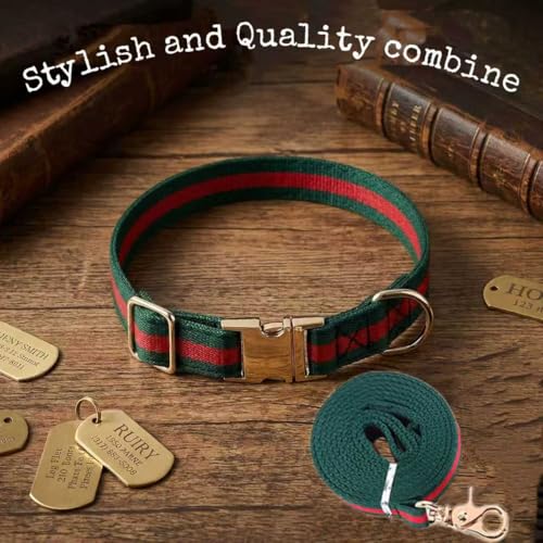 NISIYE Large Dog Collar and Leash Set – Cotton Striped with Metal Buckle, Green/Red, for Big Dogs