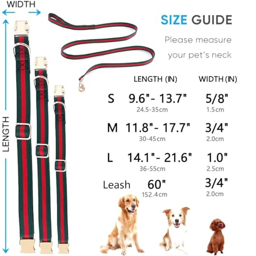 NISIYE Large Dog Collar and Leash Set – Cotton Striped with Metal Buckle, Green/Red, for Big Dogs