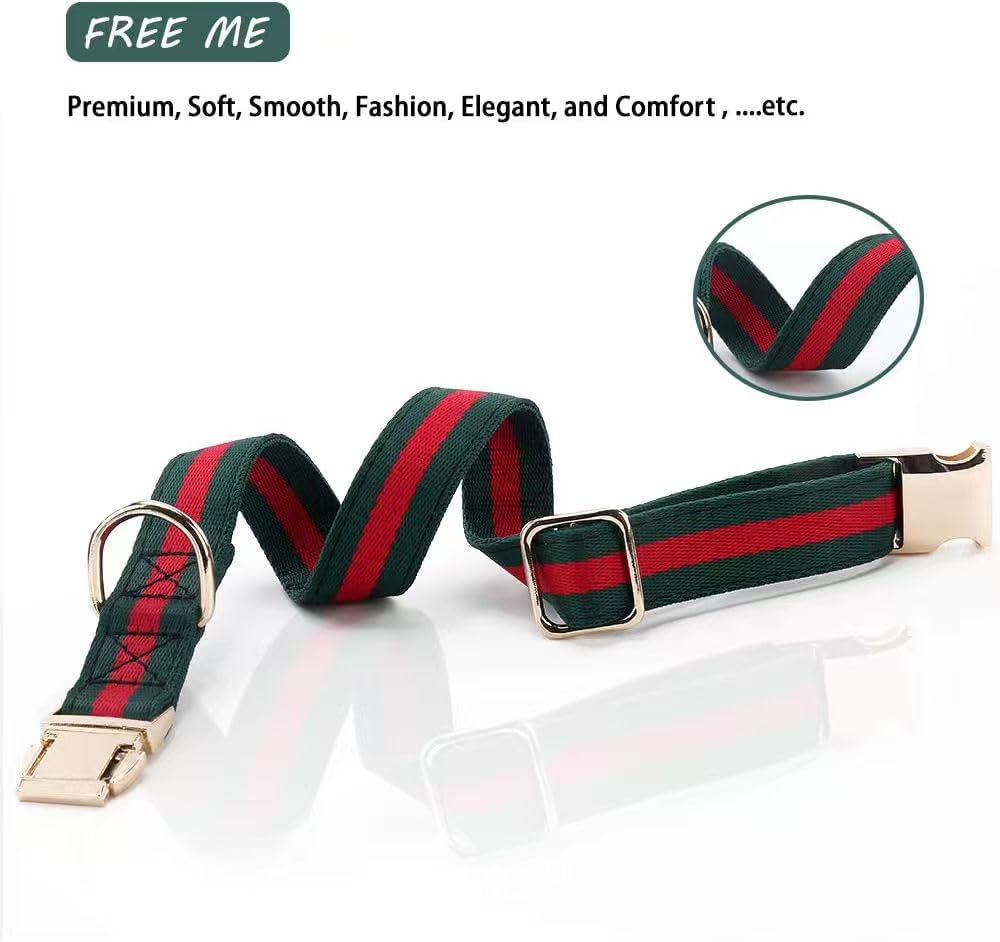 NISIYE Large Dog Collar and Leash Set – Cotton Striped with Metal Buckle, Green/Red, for Big Dogs
