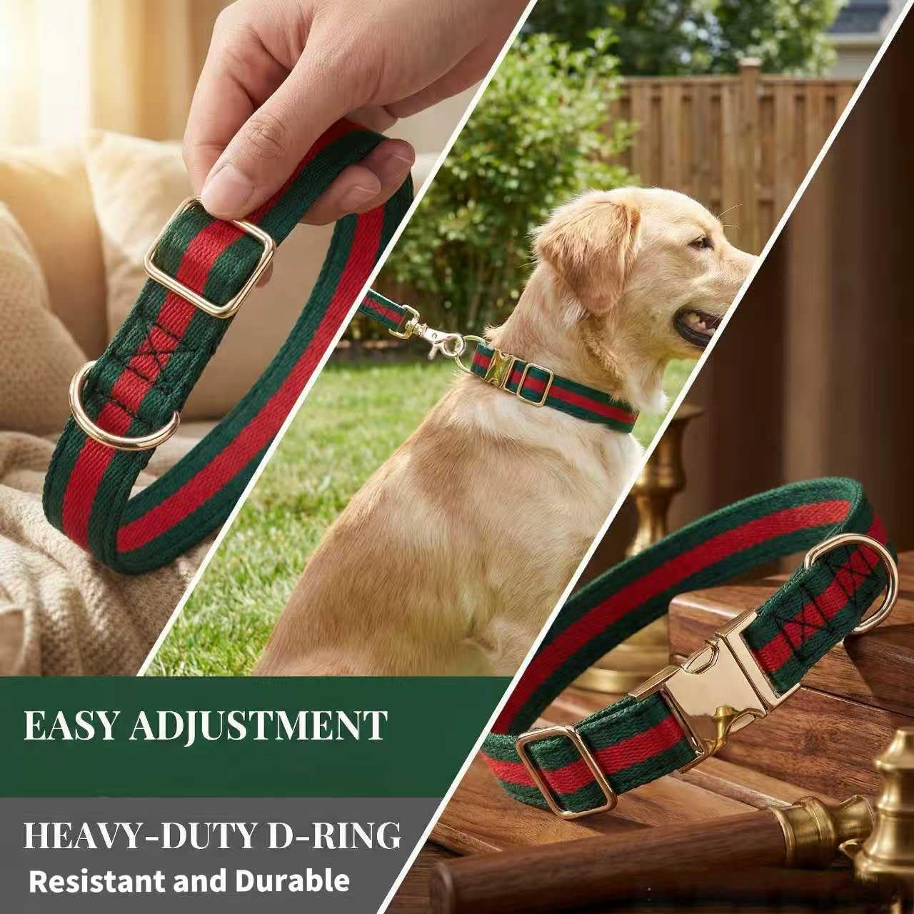 NISIYE Large Dog Collar and Leash Set – Cotton Striped with Metal Buckle, Green/Red, for Big Dogs