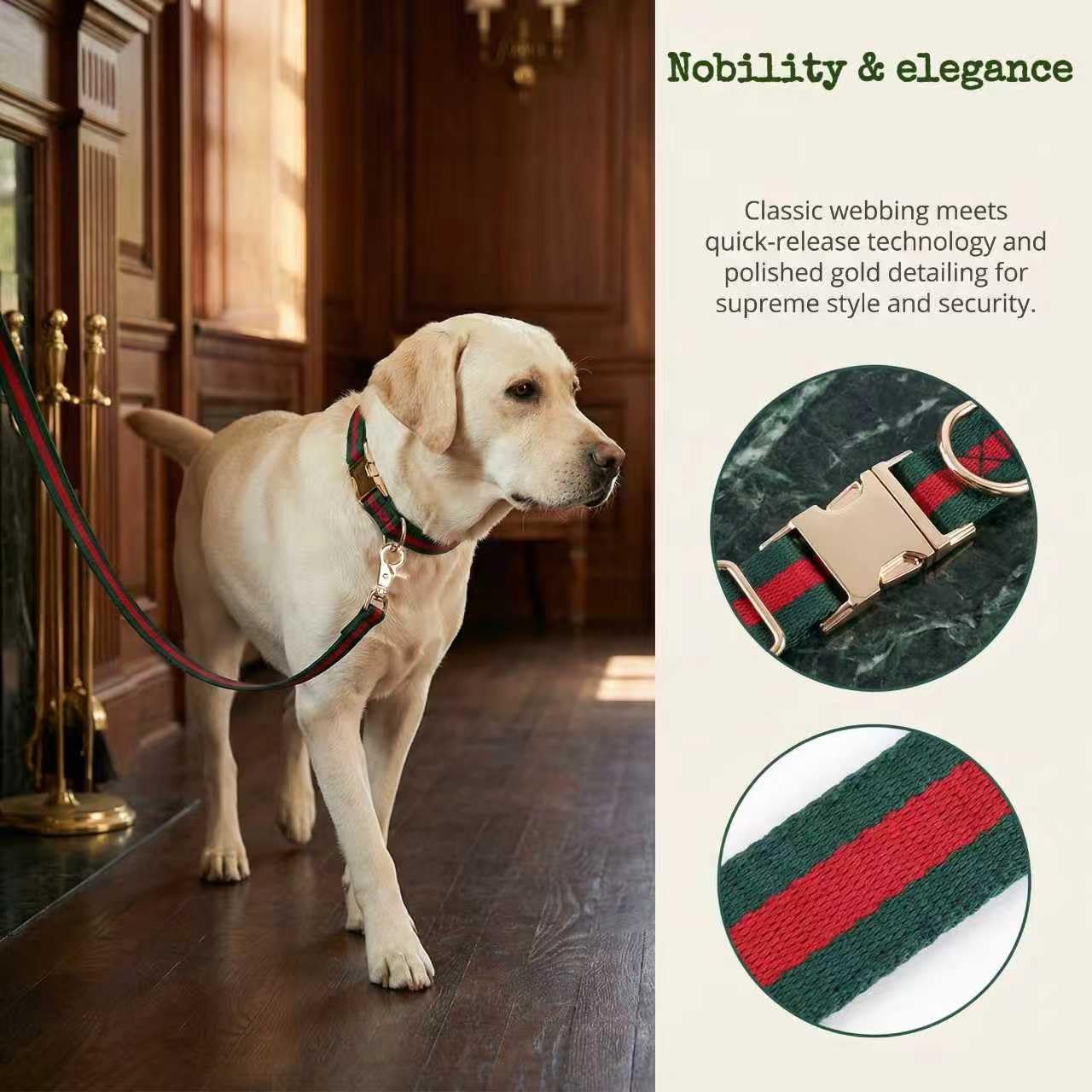 NISIYE Large Dog Collar and Leash Set – Cotton Striped with Metal Buckle, Green/Red, for Big Dogs