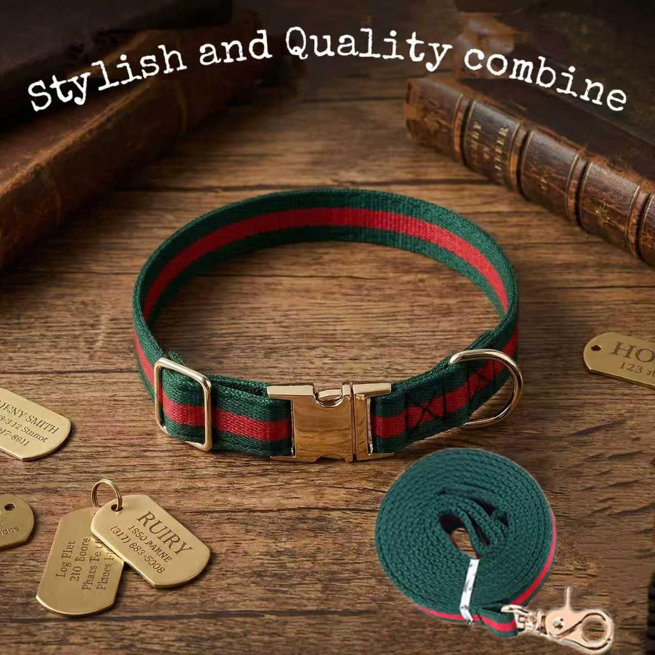 NISIYE Large Dog Collar and Leash Set – Cotton Striped with Metal Buckle, Green/Red, for Big Dogs