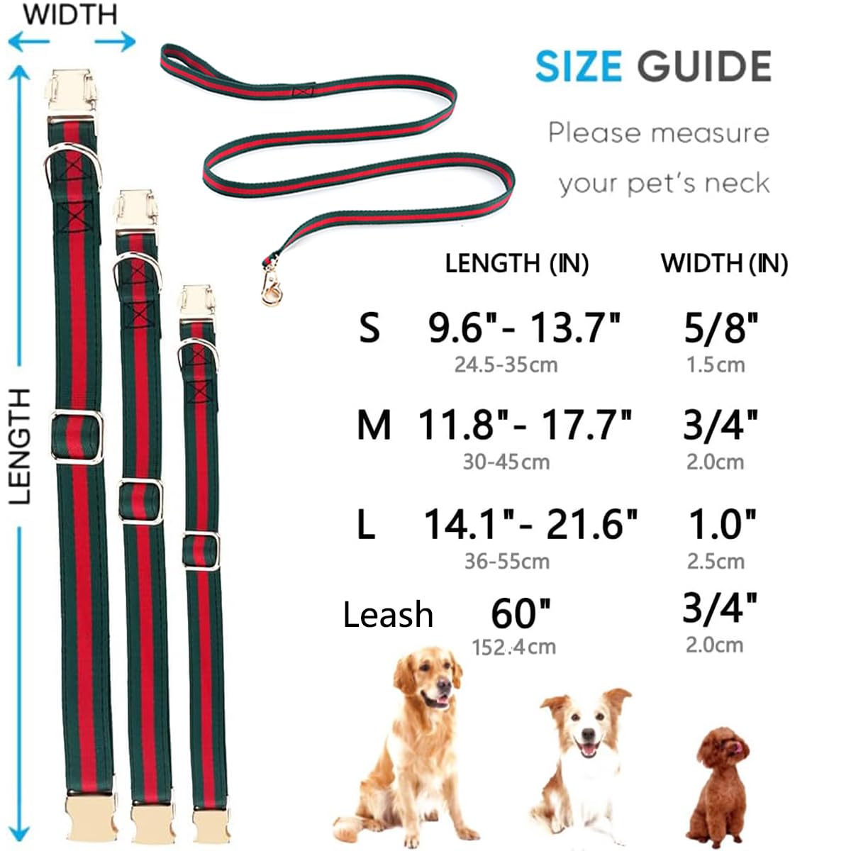 NISIYE Large Dog Collar and Leash Set – Cotton Striped with Metal Buckle, Green/Red, for Big Dogs