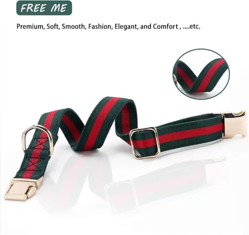 NISIYE Large Dog Collar and Leash Set – Cotton Striped with Metal Buckle, Green/Red, for Big Dogs