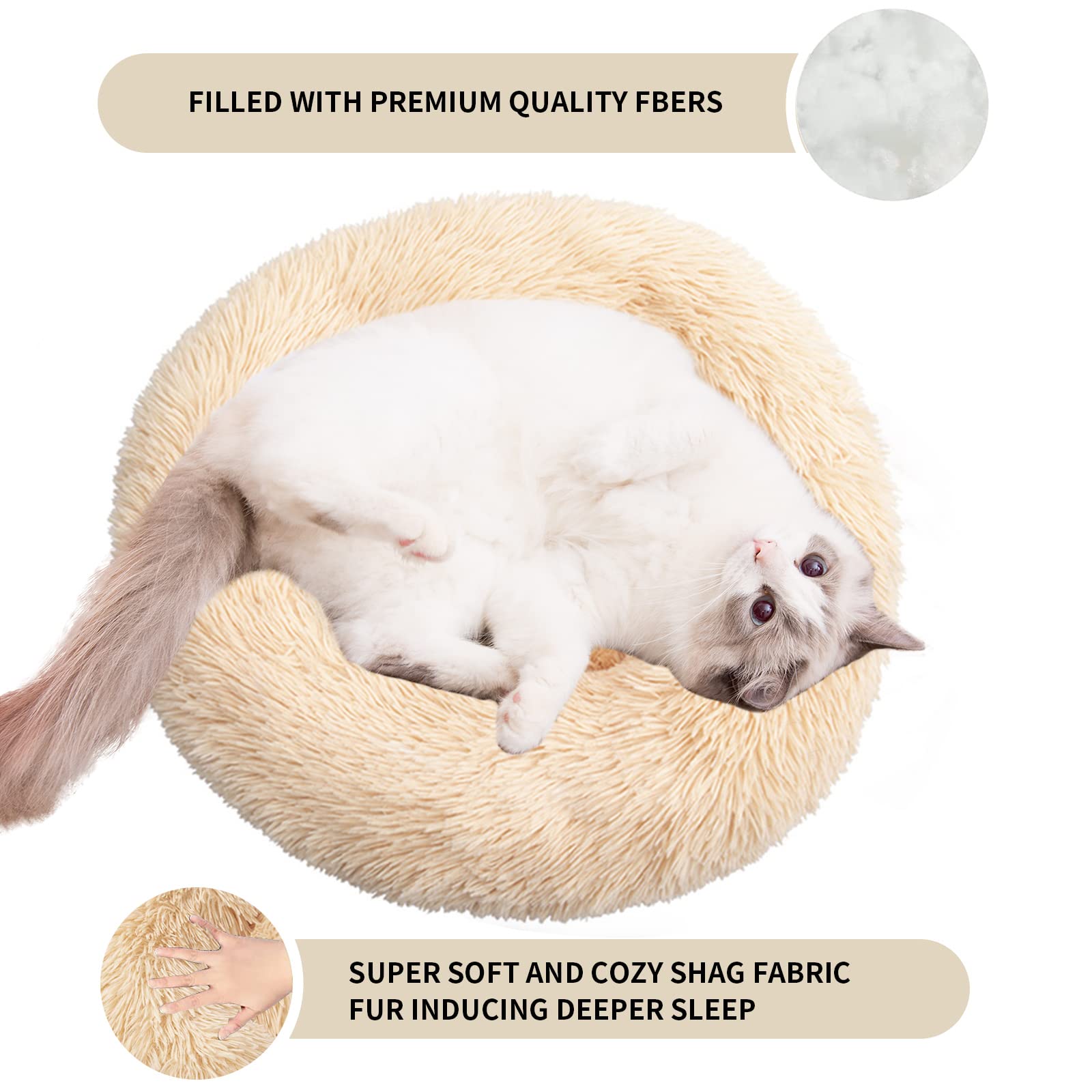 Nisrada 20/24 Inch Donut Cat Bed – Washable Round Pet Bed with Raised Edge and Anti-Slip Bottom