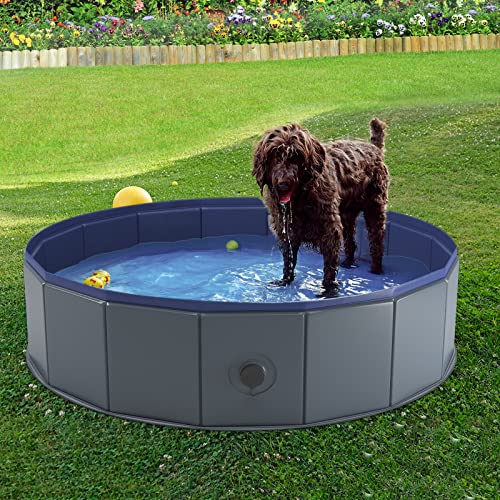 Niubya Foldable Dog Pool – 32x8 Inch Collapsible Pet Wading Pool, Portable Bath Tub for Dogs and Cats, Gray