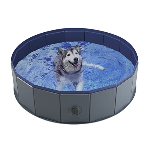Niubya Foldable Dog Pool – 32x8 Inch Collapsible Pet Wading Pool, Portable Bath Tub for Dogs and Cats, Gray